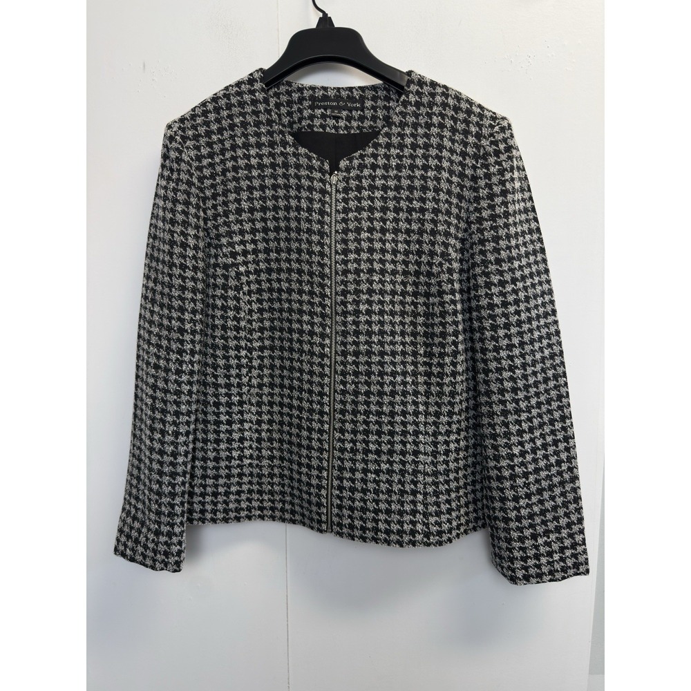 Preston & York Women's Size 14 Jacket Tweed Zip Front Houndstooth Preppy